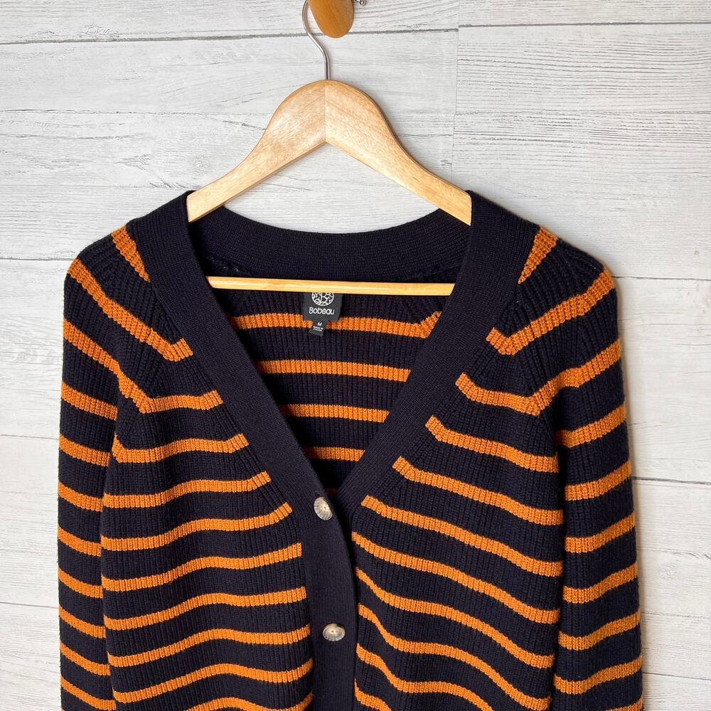 Bobeau Sweater Womens Size Medium Navy & Brown Striped Button Down Academia - Picture 8 of 16